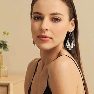 Zealmer Gold Geometric Earrings Statement Vintage Boho Ethnic Earrings Hollow Out Fan Shape Dangle Drop Earrings for Women Birthday Christmas Valentines Day Gift