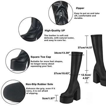 VOMIRA Black Platform Boots for Women Round Toe Chunky High Heels Side Zipper Knee High Boots Stretch Leather Boots Goth Punk Motorcycle Boots