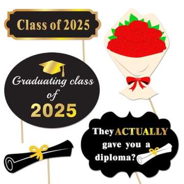 Graduation Photo Booth Props (50Count), Konsait Large Graduation Photo Props Class of 2025 Grad Decor with Sticks for Kids Boy Girl, Black and Gold, for Graduation Party Favors Supplies Decorations
