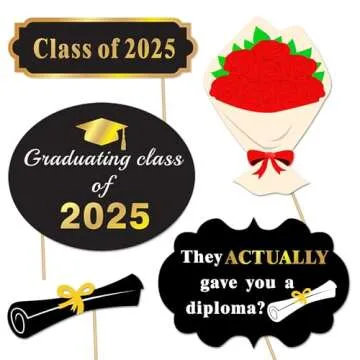 Graduation Photo Booth Props (50Count), Konsait Large Graduation Photo Props Class of 2025 Grad Decor with Sticks for Kids Boy Girl, Black and Gold, for Graduation Party Favors Supplies Decorations