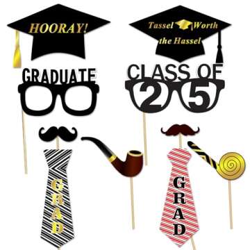 Graduation Photo Booth Props (50Count), Konsait Large Graduation Photo Props Class of 2025 Grad Decor with Sticks for Kids Boy Girl, Black and Gold, for Graduation Party Favors Supplies Decorations