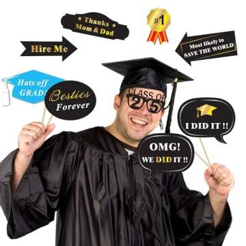 Graduation Photo Booth Props (50Count), Konsait Large Graduation Photo Props Class of 2025 Grad Decor with Sticks for Kids Boy Girl, Black and Gold, for Graduation Party Favors Supplies Decorations