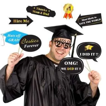 Graduation Photo Booth Props (50Count), Konsait Large Graduation Photo Props Class of 2025 Grad Decor with Sticks for Kids Boy Girl, Black and Gold, for Graduation Party Favors Supplies Decorations