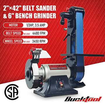 Bucktool Combo 2" x 42" Belt Sander 6" Bench Grinder, Knife Sharpener with Large Work Table BG2600 Upgraded Model