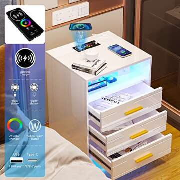 HNEBC RGB LED Nightstand with Wireless Charging Station, Smart Night Stand with Motion Sensor Lights, High Gloss White Nightstand with 3 Drawers for Bedroom, Modern Bedside Tables (White)