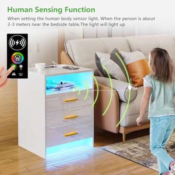 HNEBC RGB LED Nightstand with Wireless Charging Station, Smart Night Stand with Motion Sensor Lights, High Gloss White Nightstand with 3 Drawers for Bedroom, Modern Bedside Tables (White)