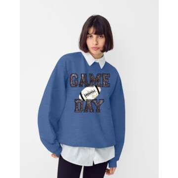 HQP Game Day Sweatshirt Women Football Graphic Long Sleeve Shirt Football Season Pullover Tops Blue