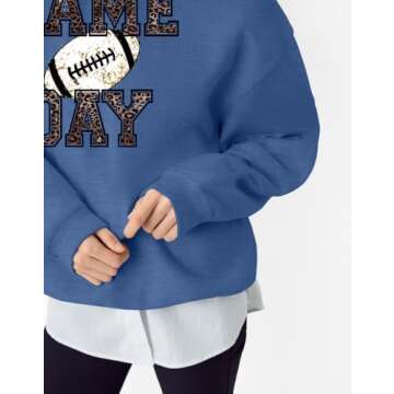 HQP Game Day Sweatshirt Women Football Graphic Long Sleeve Shirt Football Season Pullover Tops Blue