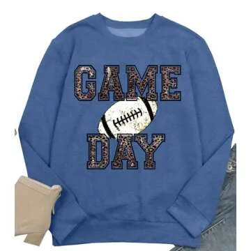 HQP Game Day Sweatshirt Women Football Graphic Long Sleeve Shirt Football Season Pullover Tops Blue