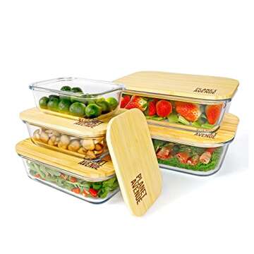 PLANET AVENUE 5 Pack Glass Containers with Bamboo Lids, Glass Food Storage Containers with Bamboo Li...