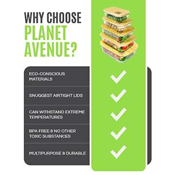 PLANET AVENUE 5 Pack Glass Containers with Bamboo Lids, Glass Food Storage Containers with Bamboo Lids, Eco-Friendly Meal Prep Containers Airtight, Safe for Microwave, Freezer, Dishwasher, BPA Free
