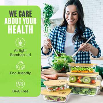 PLANET AVENUE 5 Pack Glass Containers with Bamboo Lids, Glass Food Storage Containers with Bamboo Lids, Eco-Friendly Meal Prep Containers Airtight, Safe for Microwave, Freezer, Dishwasher, BPA Free