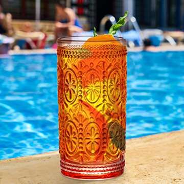 Bekith 6 Pack 12 oz Highball Glasses, Romantic Tall Drinking Glasses, Embossed Glass Cups for Beverage, Beer, Soda, Iced Tea, Cocktails, Vintage Glassware Set for Dinner Parties, Bars, Pink