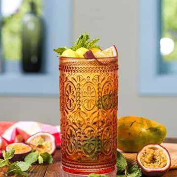 Bekith 6 Pack 12 oz Highball Glasses, Romantic Tall Drinking Glasses, Embossed Glass Cups for Beverage, Beer, Soda, Iced Tea, Cocktails, Vintage Glassware Set for Dinner Parties, Bars, Pink