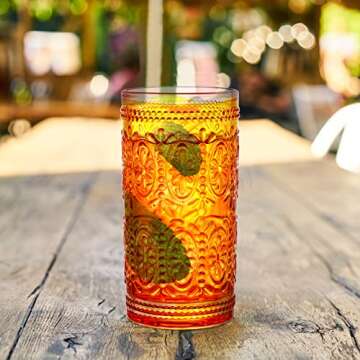 Bekith 6 Pack 12 oz Highball Glasses, Romantic Tall Drinking Glasses, Embossed Glass Cups for Beverage, Beer, Soda, Iced Tea, Cocktails, Vintage Glassware Set for Dinner Parties, Bars, Pink