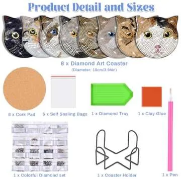 Billbotk 8 Pieces Diamond Art Painting Coasters Kit with Holder, Diamond Art Coasters, DIY Diamond Art Crafts Projects, Diamond Dot Kits for Adults and Beginners(Cat Style)
