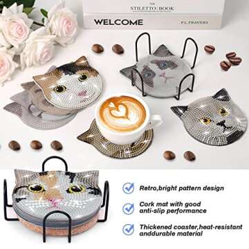 Billbotk 8 Pieces Diamond Art Painting Coasters Kit with Holder, Diamond Art Coasters, DIY Diamond Art Crafts Projects, Diamond Dot Kits for Adults and Beginners(Cat Style)