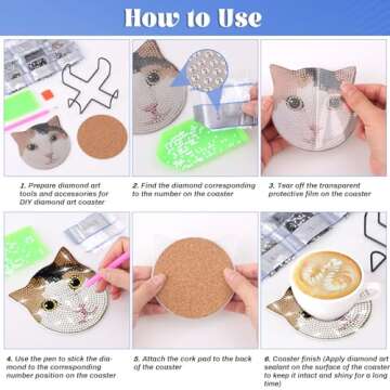 Billbotk 8 Pieces Diamond Art Painting Coasters Kit with Holder, Diamond Art Coasters, DIY Diamond Art Crafts Projects, Diamond Dot Kits for Adults and Beginners(Cat Style)