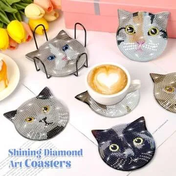 Billbotk 8 Pieces Diamond Art Painting Coasters Kit with Holder, Diamond Art Coasters, DIY Diamond Art Crafts Projects, Diamond Dot Kits for Adults and Beginners(Cat Style)