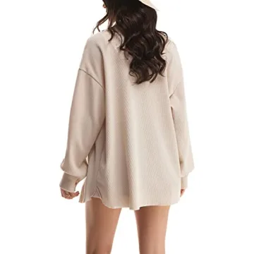 Nirovien Womens Waffle Knit Shacket Oversized Button Down Shirt Jacket Lightweight Long Sleeve Tops with Pockets(Beige,M)
