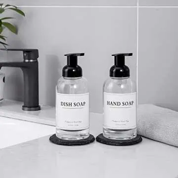 rejomiik Foaming Soap Dispenser Thick Glass Foam for Bathroom or Kitchen Sink, 12.7 oz Clear Pump Bottles for Hand soap, Body Wash, Black 2 Pack