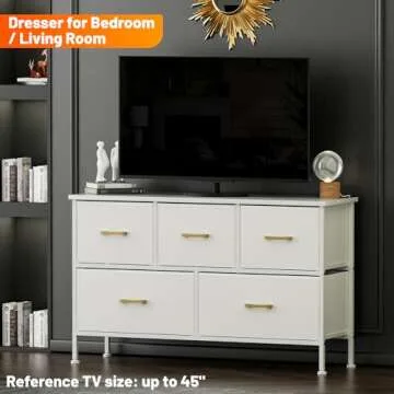 YILQQPER Dresser for Bedroom with 5 Drawers, White Dresser for Closet, Living Room, TV Stand, Nursery, Chest of Drawers with Sturdy Steel Frame, Leather Finish, Wood Top (Glacier White)