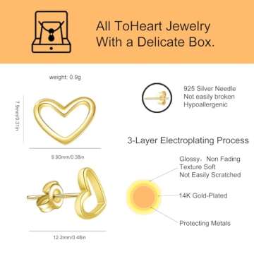 ToHeart Gold Heart Stud Earrings, Hypoallergenic Small For Women Hollow Sweet Love Studs Earrings