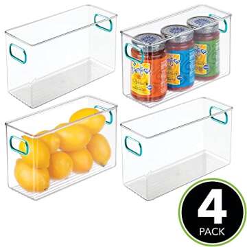 mDesign Deep Plastic Kitchen Pantry, Cabinet, Refrigerator, Freezer Food Storage Bin Container with Handles - Organizer for Fruit, Yogurt, Snacks, Pasta - 10" Long, 4 Pack - Clear/Blue
