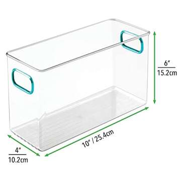 mDesign Deep Plastic Kitchen Pantry, Cabinet, Refrigerator, Freezer Food Storage Bin Container with Handles - Organizer for Fruit, Yogurt, Snacks, Pasta - 10" Long, 4 Pack - Clear/Blue