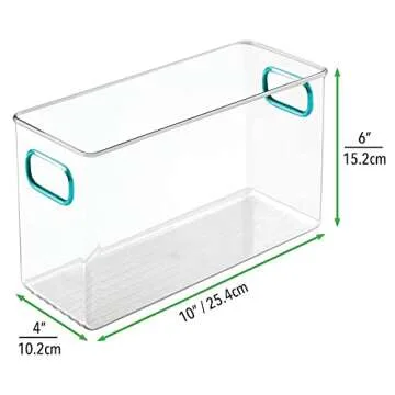 mDesign Deep Plastic Kitchen Pantry, Cabinet, Refrigerator, Freezer Food Storage Bin Container with Handles - Organizer for Fruit, Yogurt, Snacks, Pasta - 10" Long, 4 Pack - Clear/Blue