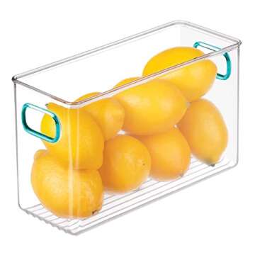 mDesign Deep Plastic Kitchen Pantry, Cabinet, Refrigerator, Freezer Food Storage Bin Container with Handles - Organizer for Fruit, Yogurt, Snacks, Pasta - 10" Long, 4 Pack - Clear/Blue
