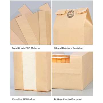 GRANDAN 25 Packs Large Paper Bread Bags for Homemade Bread, Kraft Paper Bakery Bags with Window for Sourdough Toast Packing Storage, Baked Loaf Gifting Bag Bonus Label Seal Stickers 12.6x8.3x4.0 inch