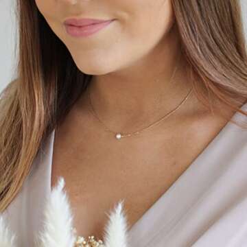 CAROVO Dainty Necklaces for Women 14k Gold Plated One Pearl Necklace Handmade Cultured Freshwater Pe...