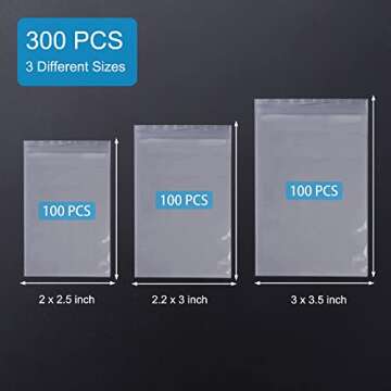 Small Plastic Bags, 300 PCS Mini Baggies, 3 Assorted Sizes, Transparent Jewelry Bags Reclosable, Clear Bags, Resealable Poly Bags for Pill, Beads, Screws, Packaging