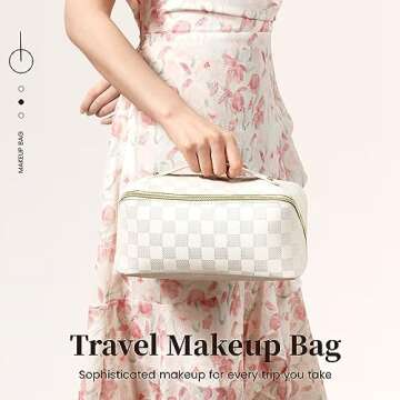 Makeup Bag - Large Capacity Travel Cosmetic Bag for Women, Multifunctional Open Flat Toiletry Bag with Handle, Washable Waterproof Beauty Zipper Makeup Organizer PU Leather, White