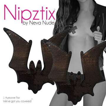 Neva Nude Sequin Large Bat Nipztix Pasties Nipple Covers for Festivals, Raves, Parties, Lingerie and More, Medical Grade Adhesive, Waterproof and Sweatproof, Made in USA