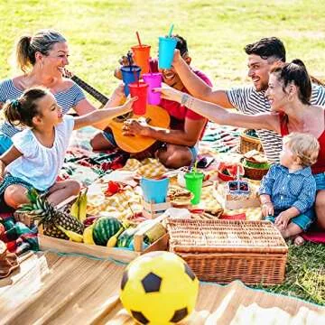 Reusable Plastic Cups with Lids Straws: 12Pcs 16oz Colorful Bulk Party Cups/BPA-Free Dishwasher-Safe Cold Drink Travel Tumblers for Iced Beverage Water Smoothie Coffee for Adults Kids (M-16 oz)