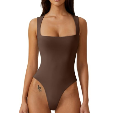 Chic QINSEN Bodysuit for Women - Sexy Square Neck Sleeveless T-Shirts in Brown