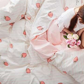 AOJIM Duvet Cover Set Pure Cotton Women Girl Cute Quilt Cover Kawaii Strawberry Bedding Set 3 PCS 1 Queen Comfy Comforter Cover 2 Pillowcases, Valuable Gift for Baby Teens Adults Queen, no Comforter