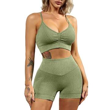 QINSEN Women's Workout Outfit 2 Pieces Seamless Yoga Leggings Sports Bra Gym Clothes Set Green S