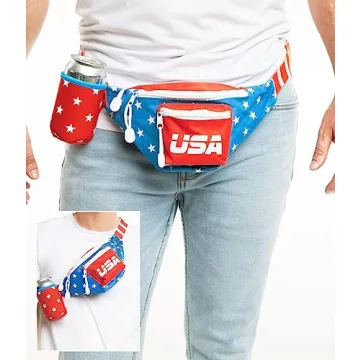 Tipsy Elves Dream Team Fanny Pack With Detachable Drink Carrier - American Flag Waist Pack for July 4th BBQs Multiple Zipper Pockets Store Phone Keys Wallet Essentials (Red White Blue)