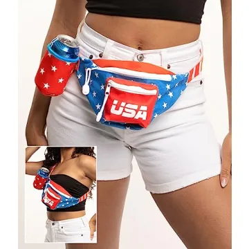 Tipsy Elves Dream Team Fanny Pack With Detachable Drink Carrier - American Flag Waist Pack for July 4th BBQs Multiple Zipper Pockets Store Phone Keys Wallet Essentials (Red White Blue)