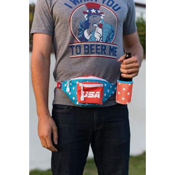 Tipsy Elves Dream Team Fanny Pack With Detachable Drink Carrier - American Flag Waist Pack for July 4th BBQs Multiple Zipper Pockets Store Phone Keys Wallet Essentials (Red White Blue)
