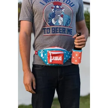 Tipsy Elves Dream Team Fanny Pack With Detachable Drink Carrier - American Flag Waist Pack for July 4th BBQs Multiple Zipper Pockets Store Phone Keys Wallet Essentials (Red White Blue)
