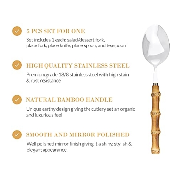 Homenook Bamboo Silverware Set - Natural Bamboo Flatware - Bamboo Cutlery and Utensils - Handcrafted 5 Piece Utensil Setting – Set for 1