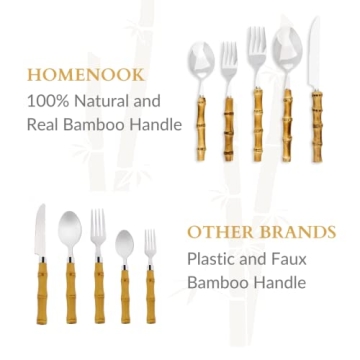 Homenook Bamboo Silverware Set - Natural Bamboo Flatware - Bamboo Cutlery and Utensils - Handcrafted 5 Piece Utensil Setting – Set for 1