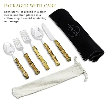 Homenook Bamboo Silverware Set - Natural Bamboo Flatware - Bamboo Cutlery and Utensils - Handcrafted 5 Piece Utensil Setting – Set for 1