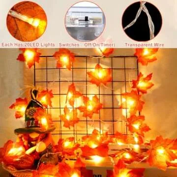 [ 5 Pack & Timer ] Fall Thanksgiving Decor Fall Garland Lights Total 100LED 50Ft Enlarged Maple Leafed String Lights Autumn Fall Decorations for Home Battery Operated Halloween Decor Indoor Outdoor
