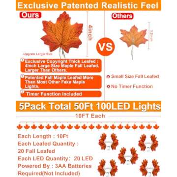 [ 5 Pack & Timer ] Fall Thanksgiving Decor Fall Garland Lights Total 100LED 50Ft Enlarged Maple Leafed String Lights Autumn Fall Decorations for Home Battery Operated Halloween Decor Indoor Outdoor