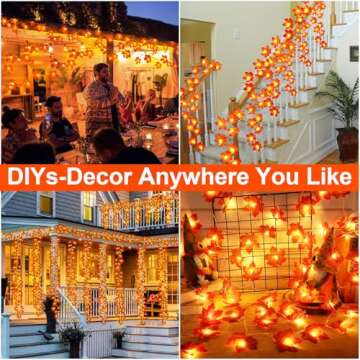 [ 5 Pack & Timer ] Fall Thanksgiving Decor Fall Garland Lights Total 100LED 50Ft Enlarged Maple Leafed String Lights Autumn Fall Decorations for Home Battery Operated Halloween Decor Indoor Outdoor